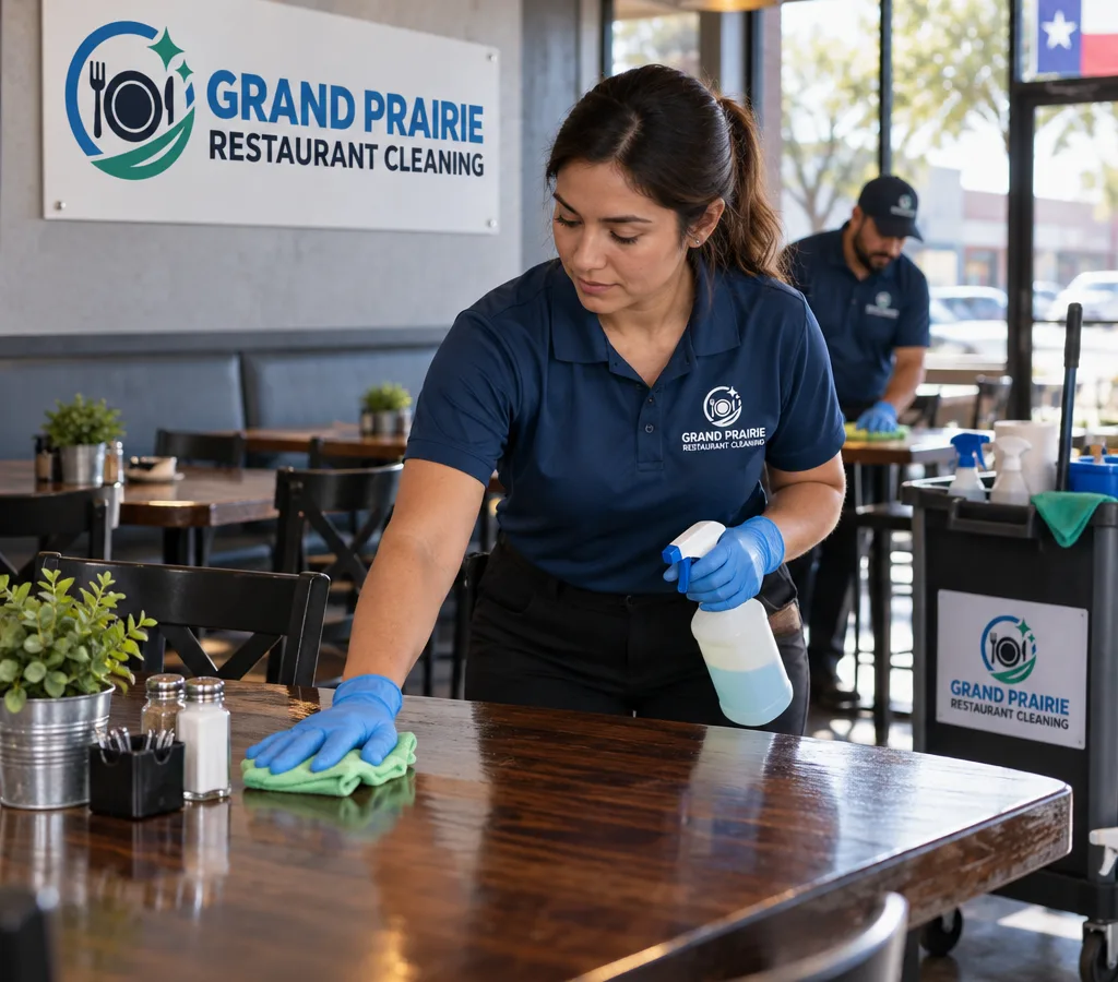 Professional restaurant cleaners sanitizing high-touch dining-area surfaces with an organized cleaning cart nearby