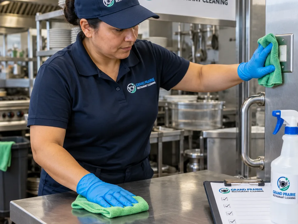Cleaner sanitizing a stainless commercial-kitchen prep table, handles, and switches beside a visible checklist