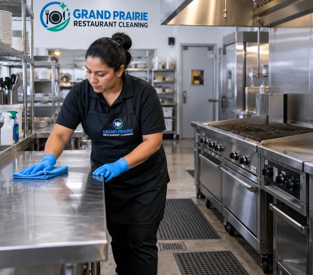 Professional cleaner in PPE wiping down a stainless prep table beside a clean commercial grill line after hours