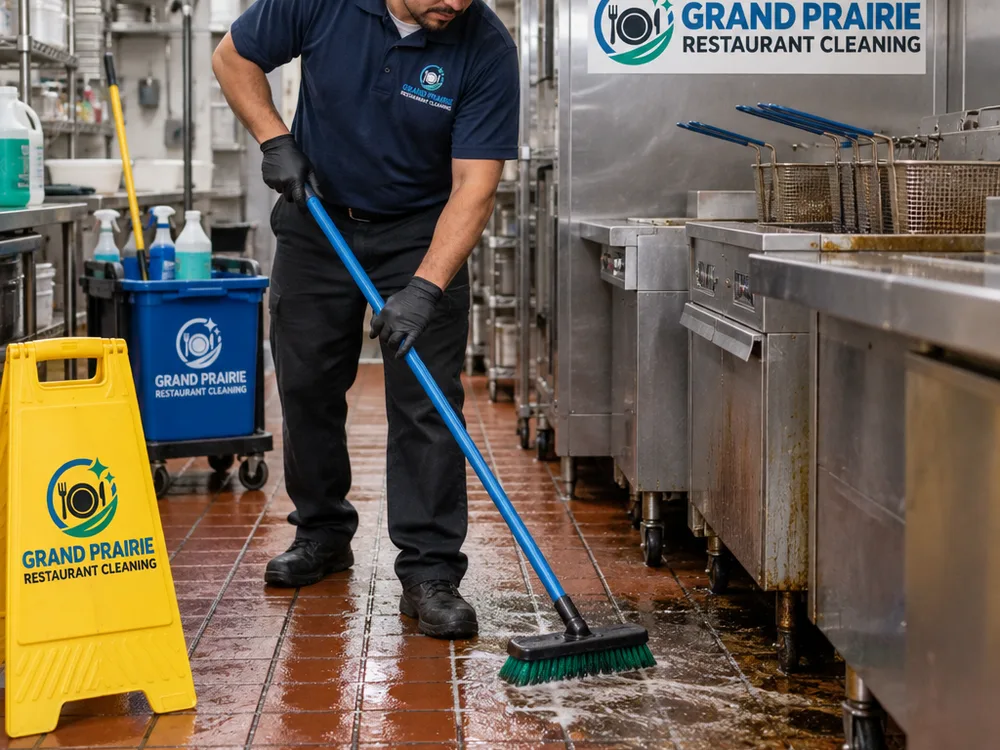 Cleaner scrubbing a degreased quarry tile floor near a fryer station with wet floor signage