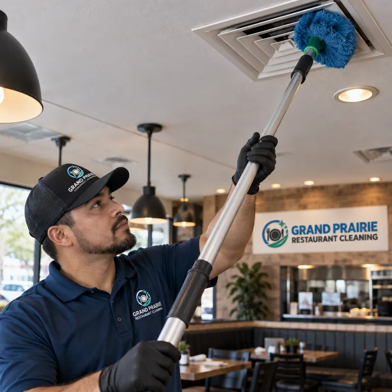 High dusting of ceiling vents and light housings in a restaurant dining area