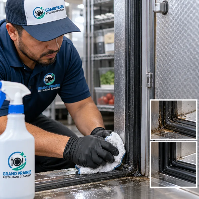 Walk-in cooler door gasket and threshold being cleaned with residue removed from the seal area
