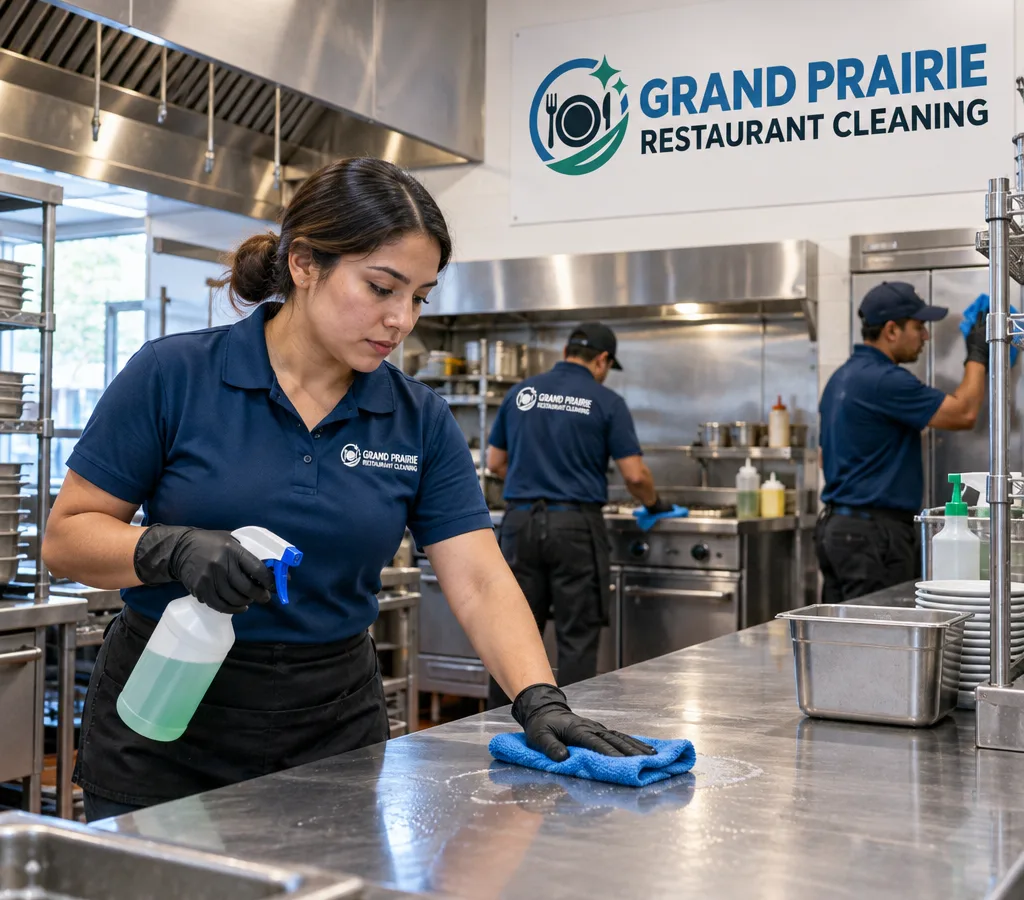Commercial kitchen crew cleaning stainless prep lines and equipment surfaces in an orderly restaurant back-of-house