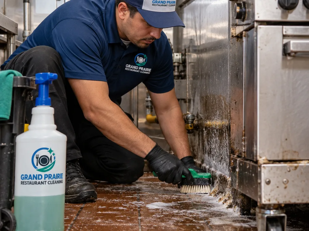 Cleaner performing detailed degreasing behind a commercial range with equipment pulled out