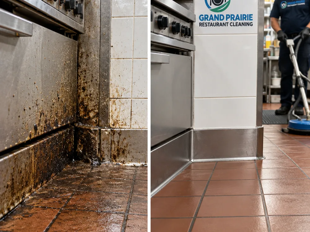 Commercial kitchen floor edge and cook-line corner with heavy buildup reduced to a clean uniform surface