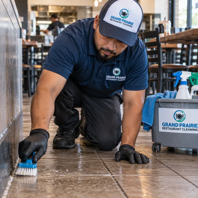 Technician cleaning grout lines and floor edges in a commercial restaurant aisle