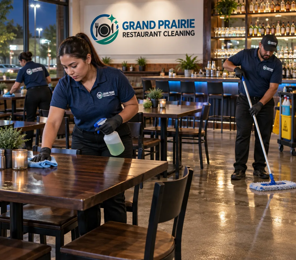 After-hours restaurant cleaning crew wiping tables and mopping a dining room with a clean bar in the background