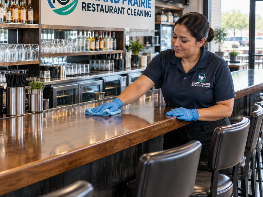 Clean restaurant bar with wiped stools, clear shelves, and a tidy service station