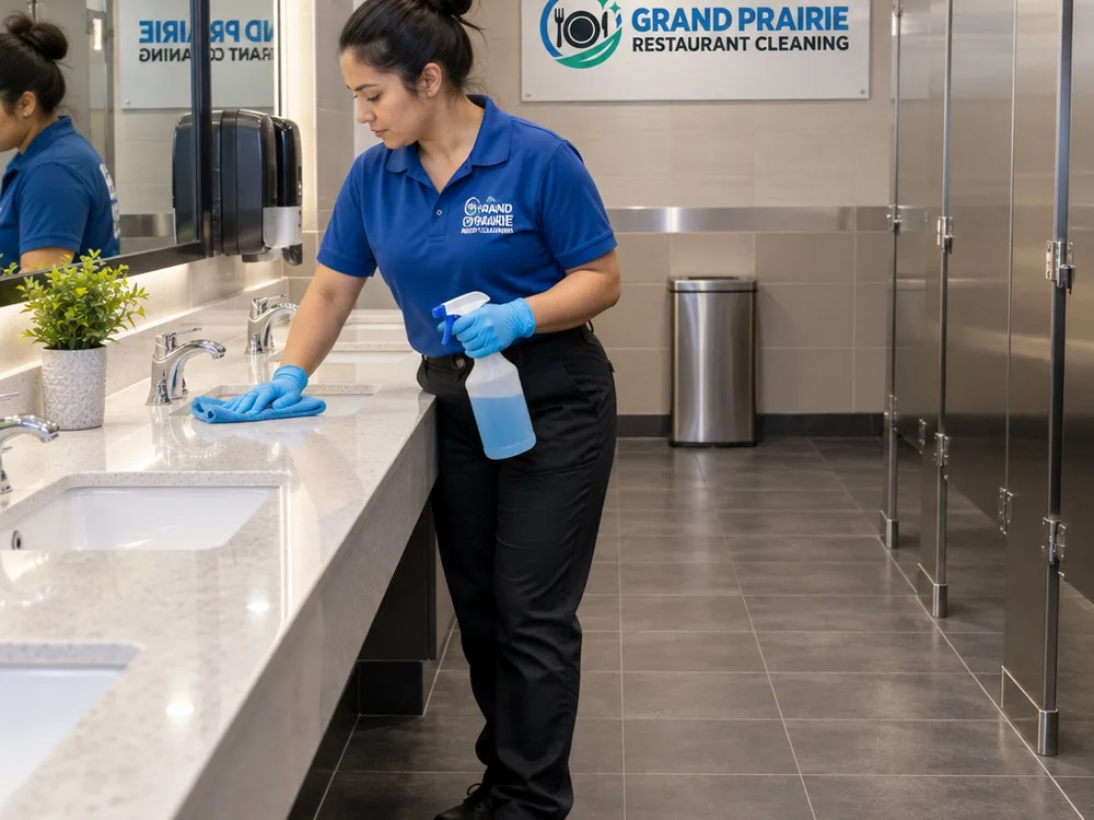 Sanitized restaurant restroom with a streak-free mirror and clean fixture edges