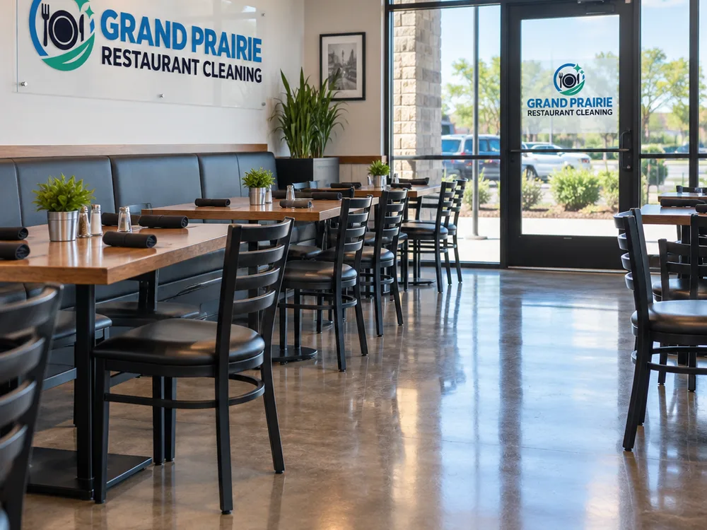 Clean dining room with aligned tables, clear traffic lanes, and polished entry glass