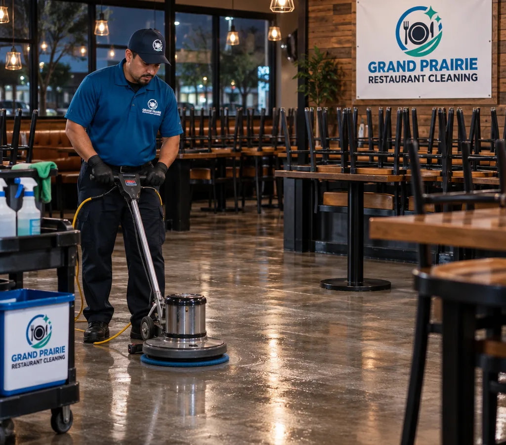 After-hours restaurant dining area with chairs raised while a janitorial technician cleans the floors