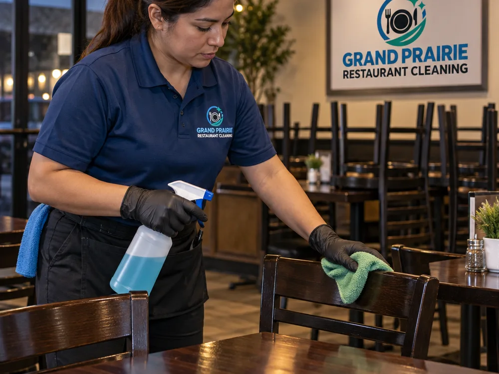 Janitorial technician disinfecting tables and chair backs in a closed restaurant dining room