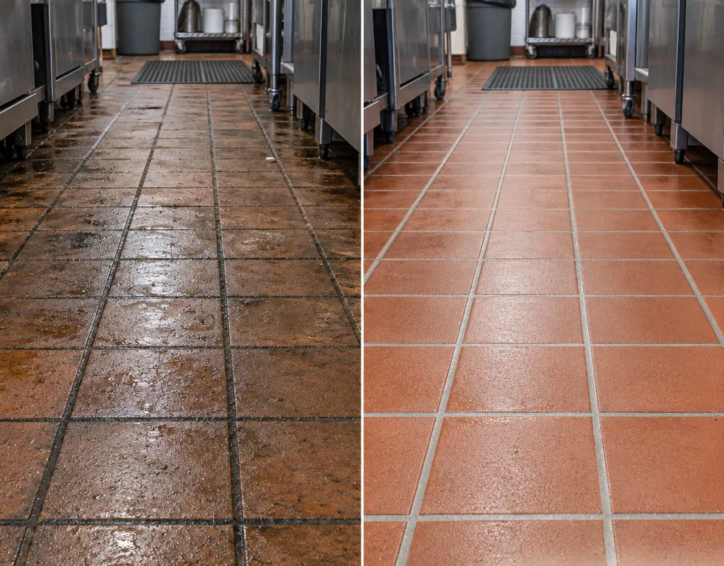 Before and after view of a commercial kitchen quarry tile floor with dark greasy grout beside brighter grout lines and restored tile texture
