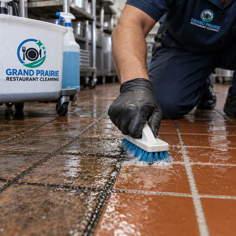 Greasy grout lines in quarry tile being agitated with a stiff grout brush and cleaning solution, showing cleaned and uncleaned sections