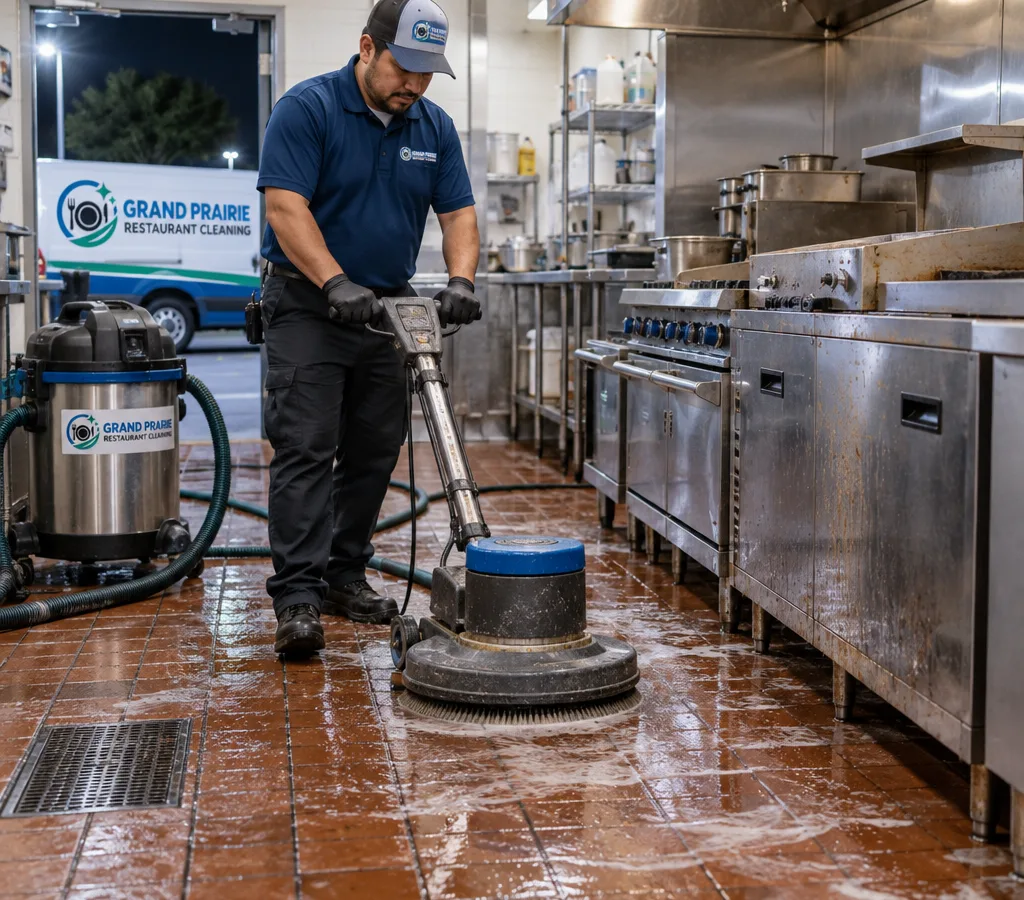 After-hours commercial kitchen floor cleaning in a Grand Prairie restaurant with a technician scrubbing greasy quarry tile near the cook line