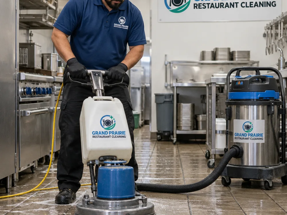 Technician using a low-speed floor machine with a grout brush attachment on restaurant kitchen tile with wet vacuum recovery nearby