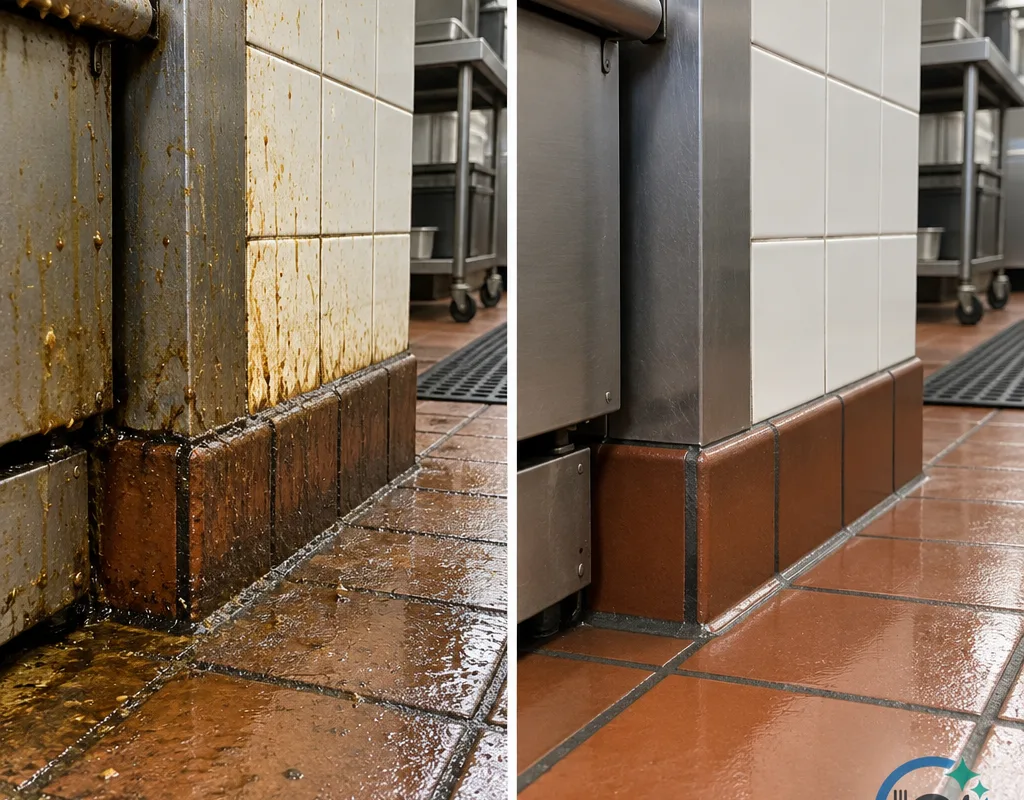 Before-and-after comparison of a greasy commercial kitchen tile floor edge and baseboard after degreasing and detailing