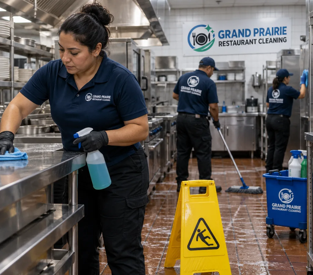 Commercial kitchen crew cleaning stainless prep lines and a tile floor with wet-floor signage visible