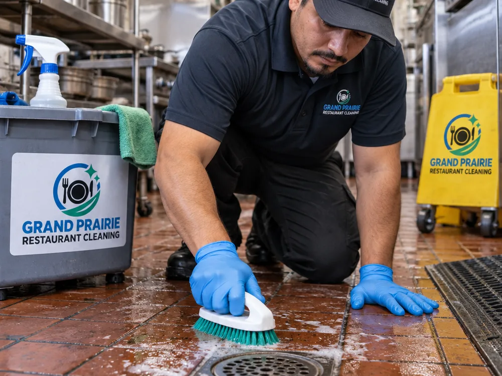 Technician scrubbing greasy quarry tile around a commercial kitchen floor drain with cleaning tools staged nearby