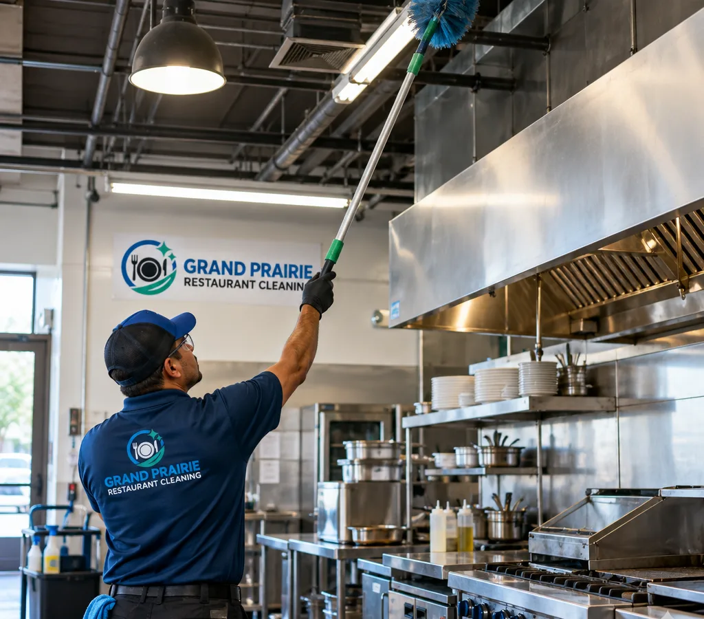 Technician high dusting pipes, ceiling structure, and light fixtures above a commercial kitchen line