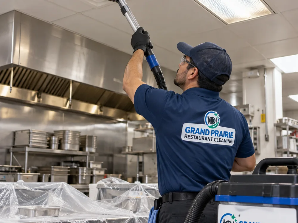 High dusting a commercial kitchen air diffuser and light fixture above protected prep surfaces