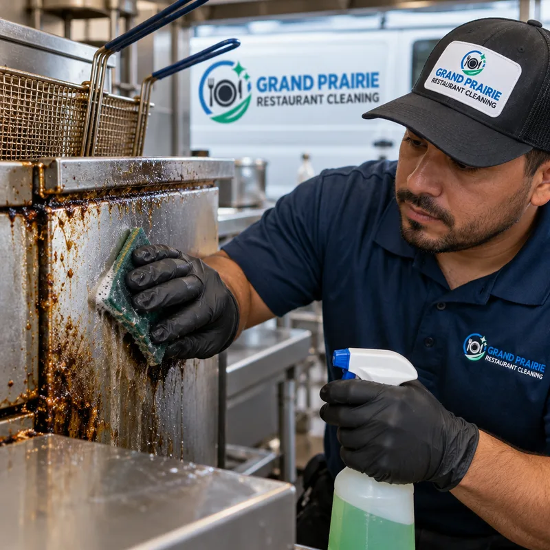 Technician lifting grease residue from a fryer side panel and stainless seam with a non-scratch pad