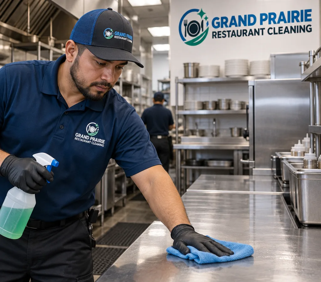 Commercial kitchen technician cleaning a stainless prep line and equipment faces with degreaser and microfiber