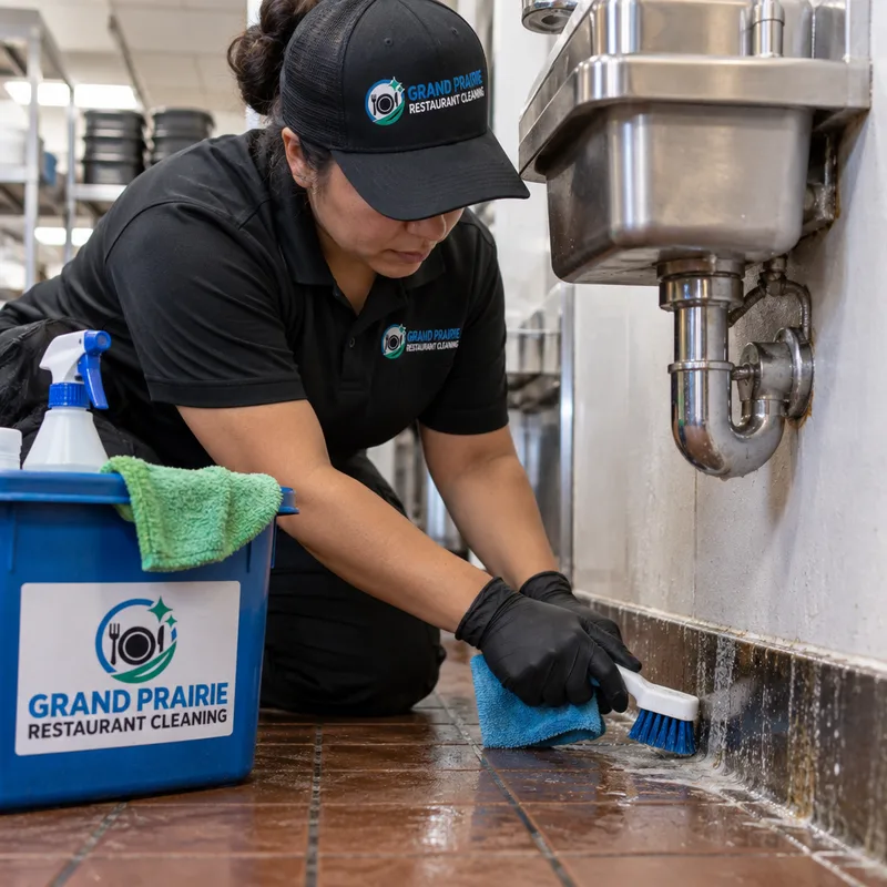 Cleaner detailing restaurant baseboards and a wall-floor corner near a hand sink