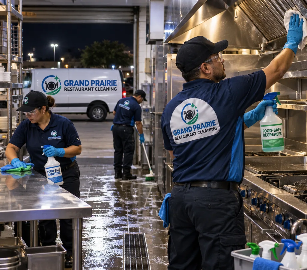 Night-time commercial cleaning team sanitizing a restaurant kitchen line with labeled food-safe chemicals and PPE