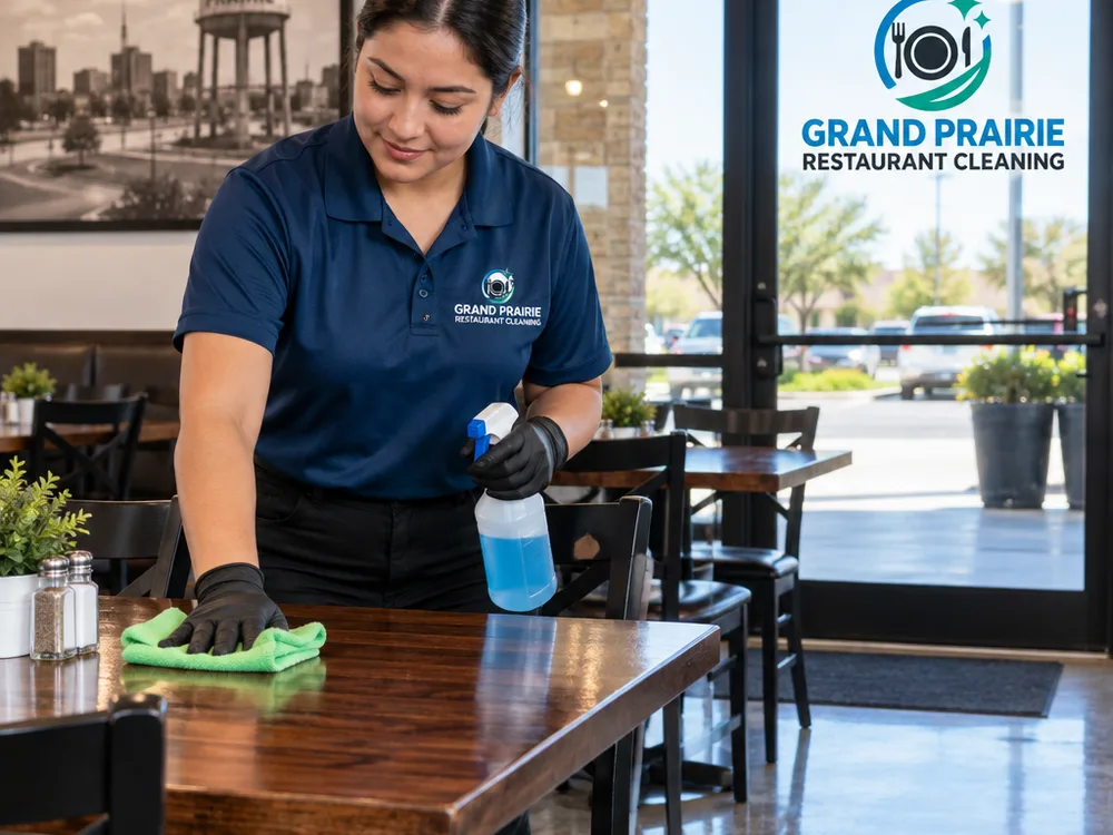 Clean dining area with wiped tables, spot-free entry glass, and clean baseboards and corners
