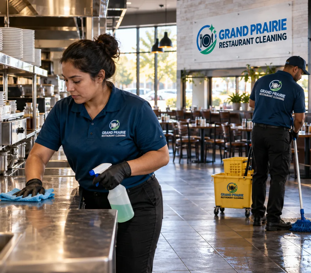 Early-morning restaurant interior with cleaners detailing a stainless prep line and mopping a tiled floor near the dining area
