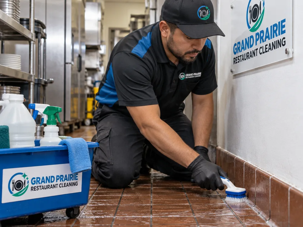 Cleaner detailing quarry tile grout lines and cove base in a commercial kitchen corridor beside labeled cleaning products