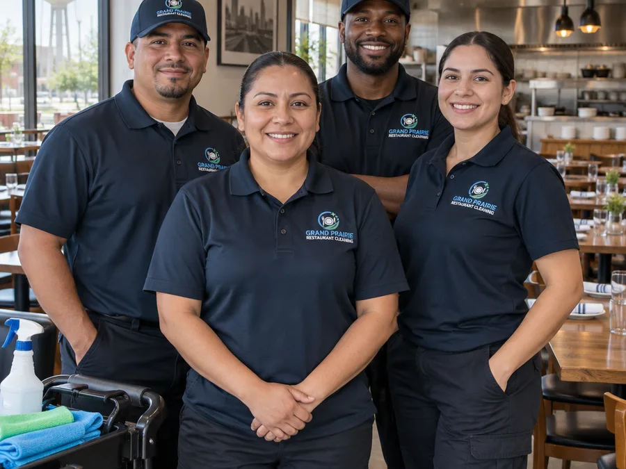 Uniformed restaurant cleaning team in a neatly reset dining area after completing service