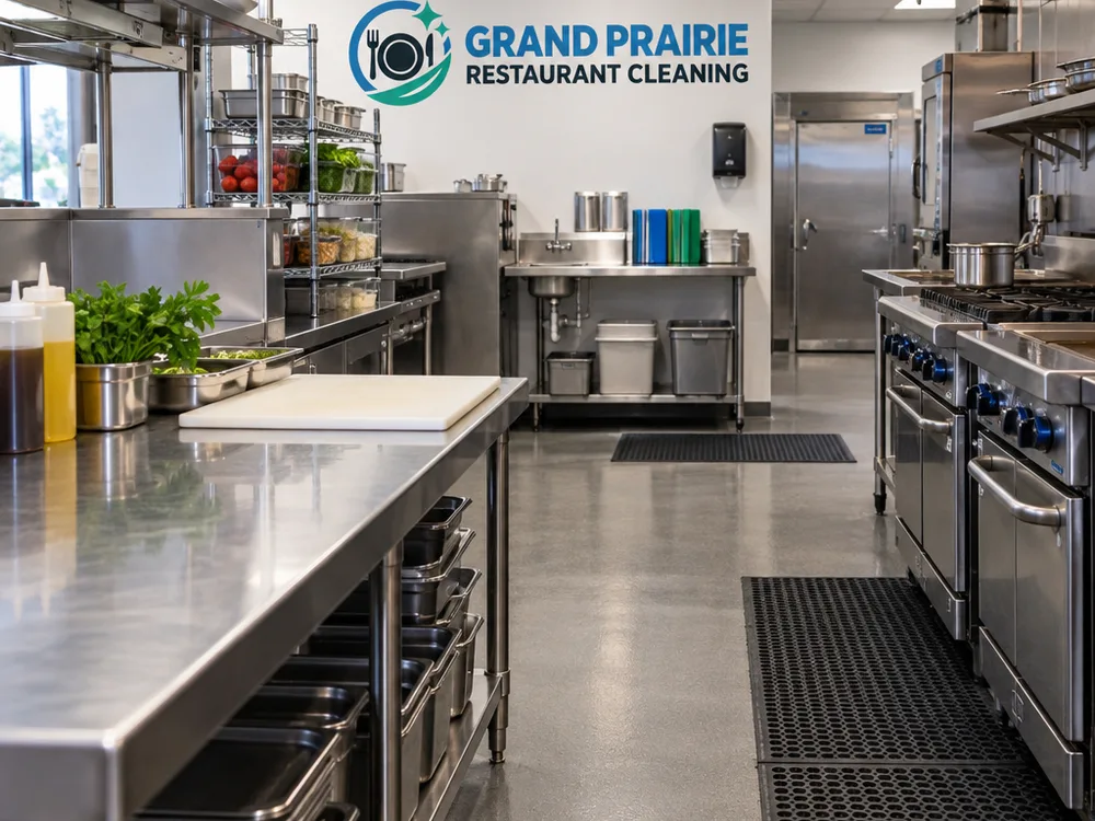 Restaurant back-of-house with dry floors, organized mats, and a wiped-down prep area ready for service